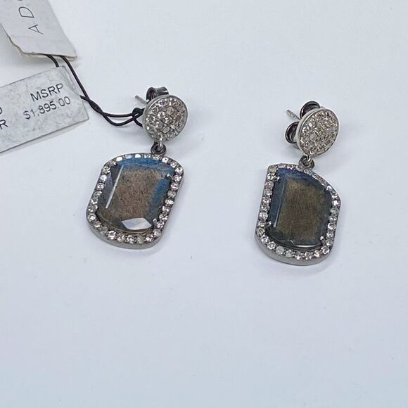 Adornia Fine Black Rhodium Sterling Silver Labradorite Diamond Drop Earrings - Picture 4 of 15